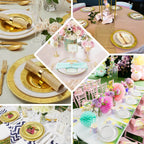 25 - Pack Paper 8" Round Dessert Plates in Blush Sunray Design with Gold Rim - Disposable Heavy Duty 350GSM Appetizer Salad Plates - Bell Racket Store