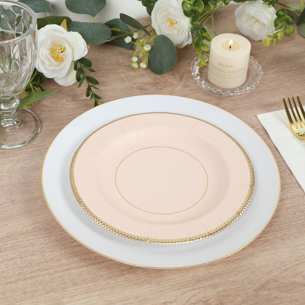 25 - Pack Paper 8" Round Dessert Plates in Blush Sunray Design with Gold Rim - Disposable Heavy Duty 350GSM Appetizer Salad Plates - Bell Racket Store