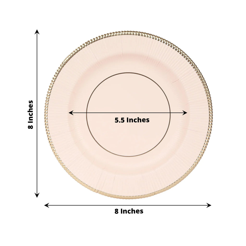 25 - Pack Paper 8" Round Dessert Plates in Blush Sunray Design with Gold Rim - Disposable Heavy Duty 350GSM Appetizer Salad Plates - Bell Racket Store