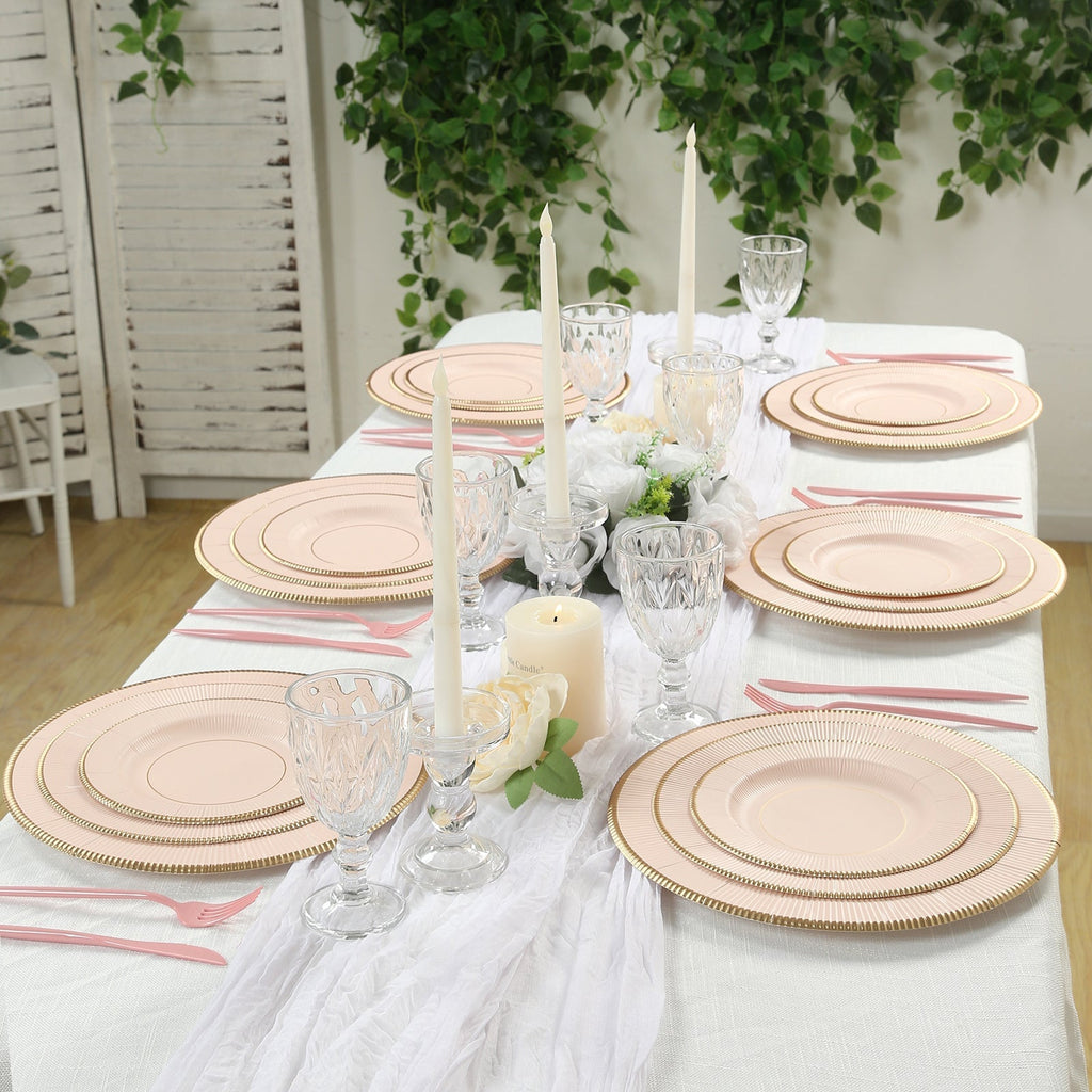 25 - Pack Paper 8" Round Dessert Plates in Blush Sunray Design with Gold Rim - Disposable Heavy Duty 350GSM Appetizer Salad Plates - Bell Racket Store