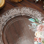 25 - Pack Paper 8" Round Dessert Plates in Brown Wood Print with Floral Lace Rim - Disposable Salad Appetizer Plates for Farmhouse Events & Rustic Themes - Bell Racket Store