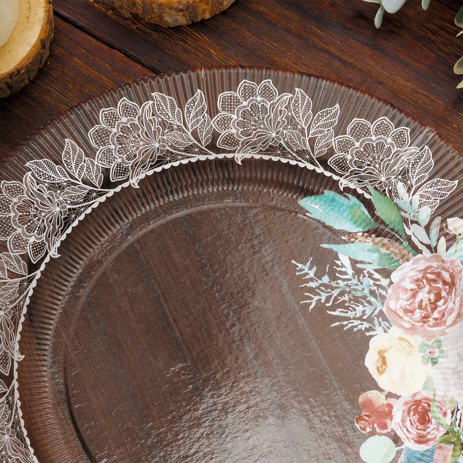 25 - Pack Paper 8" Round Dessert Plates in Brown Wood Print with Floral Lace Rim - Disposable Salad Appetizer Plates for Farmhouse Events & Rustic Themes - Bell Racket Store