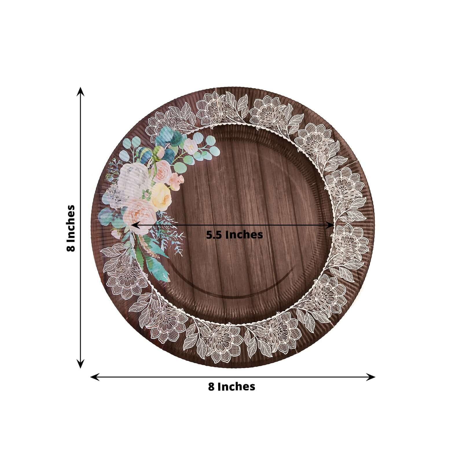 25 - Pack Paper 8" Round Dessert Plates in Brown Wood Print with Floral Lace Rim - Disposable Salad Appetizer Plates for Farmhouse Events & Rustic Themes - Bell Racket Store