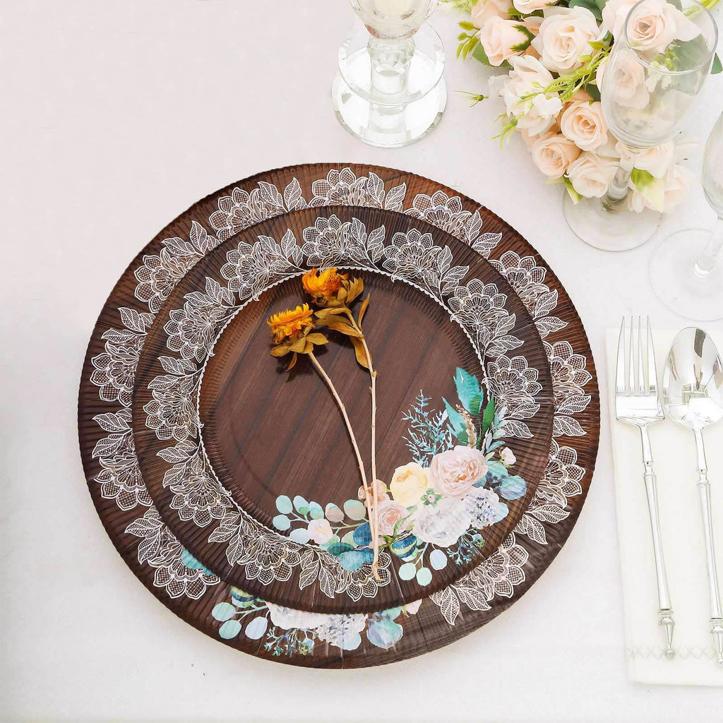 25 - Pack Paper 8" Round Dessert Plates in Brown Wood Print with Floral Lace Rim - Disposable Salad Appetizer Plates for Farmhouse Events & Rustic Themes - Bell Racket Store