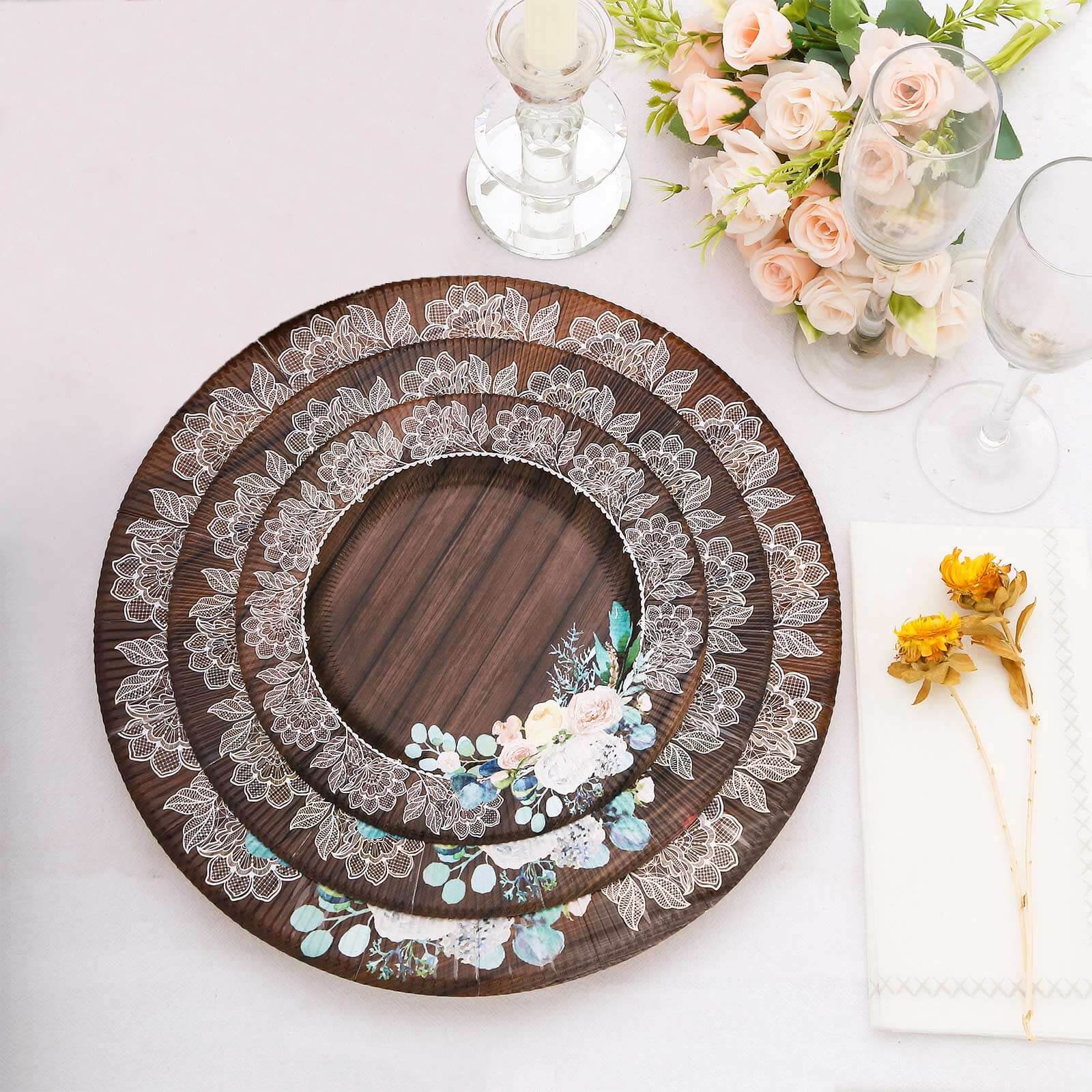 25 - Pack Paper 8" Round Dessert Plates in Brown Wood Print with Floral Lace Rim - Disposable Salad Appetizer Plates for Farmhouse Events & Rustic Themes - Bell Racket Store