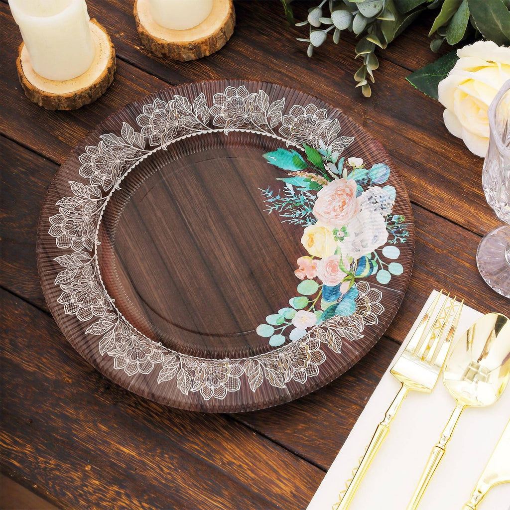 25 - Pack Paper 8" Round Dessert Plates in Brown Wood Print with Floral Lace Rim - Disposable Salad Appetizer Plates for Farmhouse Events & Rustic Themes - Bell Racket Store
