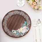 25 - Pack Paper 8" Round Dessert Plates in Brown Wood Print with Floral Lace Rim - Disposable Salad Appetizer Plates for Farmhouse Events & Rustic Themes - Bell Racket Store
