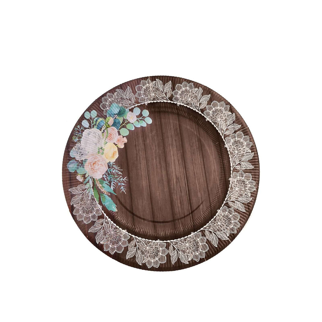 25 - Pack Paper 8" Round Dessert Plates in Brown Wood Print with Floral Lace Rim - Disposable Salad Appetizer Plates for Farmhouse Events & Rustic Themes - Bell Racket Store