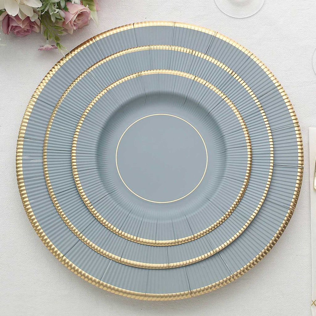 25 - Pack Paper 8" Round Dessert Plates in Dusty Blue Sunray Design with Gold Rim - Disposable Heavy Duty 350GSM Appetizer Salad Plates - Bell Racket Store