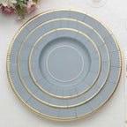 25 - Pack Paper 8" Round Dessert Plates in Dusty Blue Sunray Design with Gold Rim - Disposable Heavy Duty 350GSM Appetizer Salad Plates - Bell Racket Store