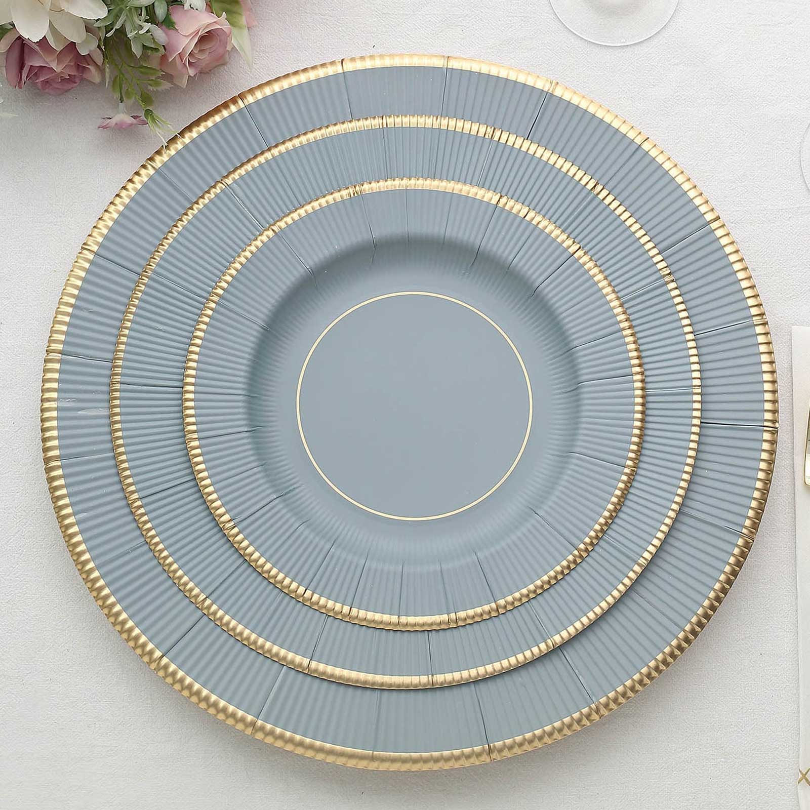 25 - Pack Paper 8" Round Dessert Plates in Dusty Blue Sunray Design with Gold Rim - Disposable Heavy Duty 350GSM Appetizer Salad Plates - Bell Racket Store