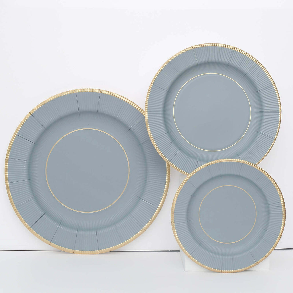 25 - Pack Paper 8" Round Dessert Plates in Dusty Blue Sunray Design with Gold Rim - Disposable Heavy Duty 350GSM Appetizer Salad Plates - Bell Racket Store
