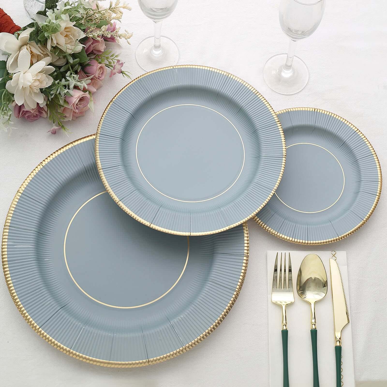 25 - Pack Paper 8" Round Dessert Plates in Dusty Blue Sunray Design with Gold Rim - Disposable Heavy Duty 350GSM Appetizer Salad Plates - Bell Racket Store
