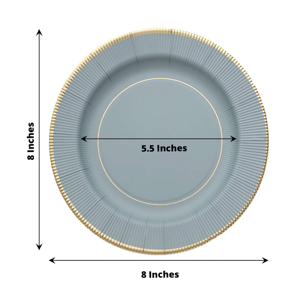 25 - Pack Paper 8" Round Dessert Plates in Dusty Blue Sunray Design with Gold Rim - Disposable Heavy Duty 350GSM Appetizer Salad Plates - Bell Racket Store