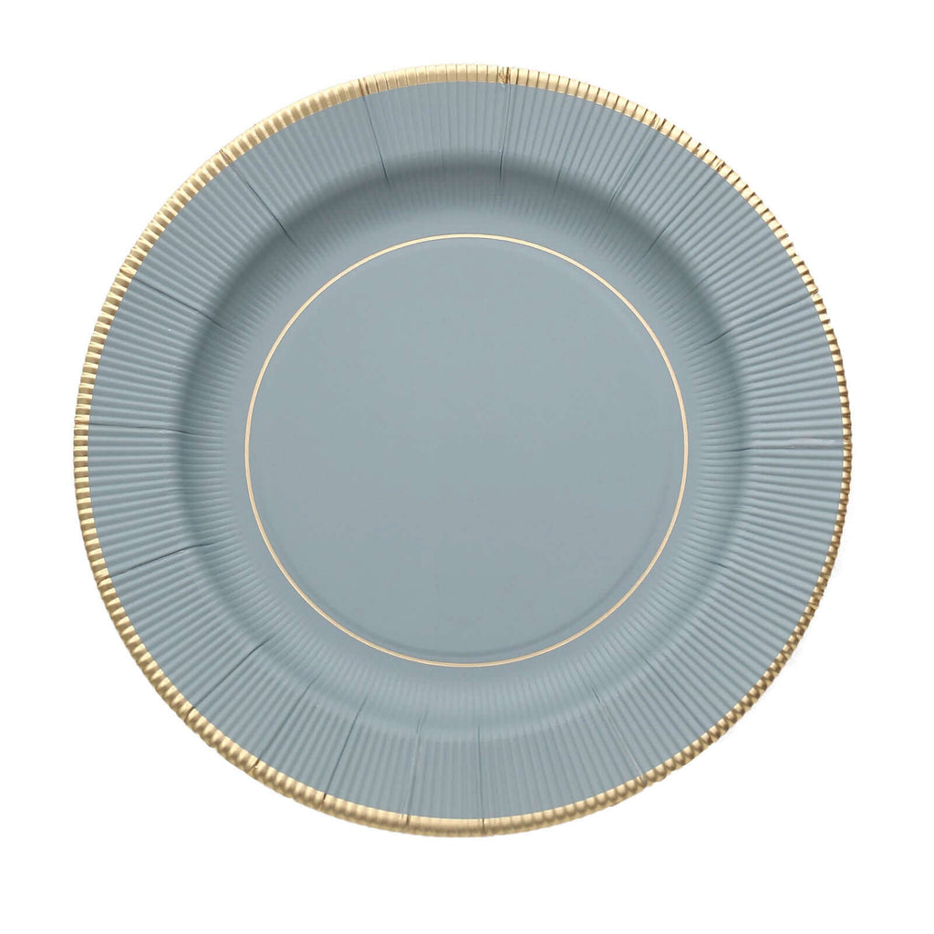 25 - Pack Paper 8" Round Dessert Plates in Dusty Blue Sunray Design with Gold Rim - Disposable Heavy Duty 350GSM Appetizer Salad Plates - Bell Racket Store