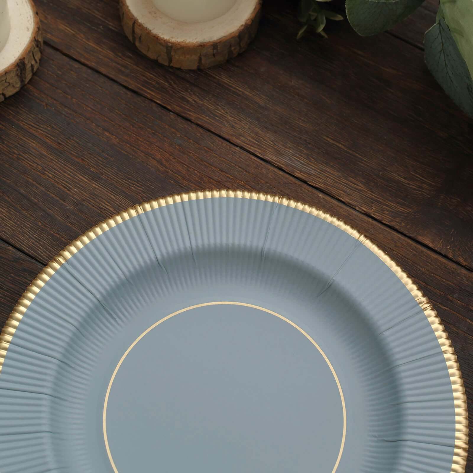 25 - Pack Paper 8" Round Dessert Plates in Dusty Blue Sunray Design with Gold Rim - Disposable Heavy Duty 350GSM Appetizer Salad Plates - Bell Racket Store