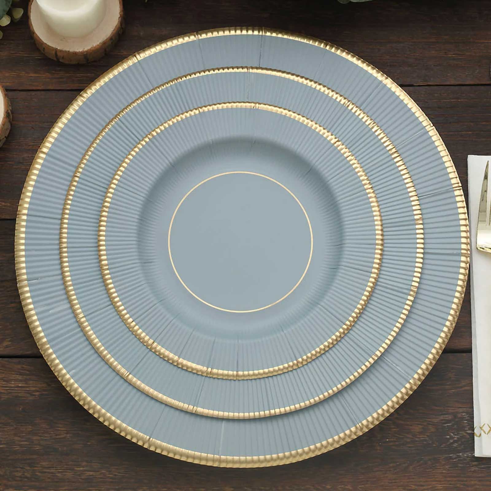 25 - Pack Paper 8" Round Dessert Plates in Dusty Blue Sunray Design with Gold Rim - Disposable Heavy Duty 350GSM Appetizer Salad Plates - Bell Racket Store