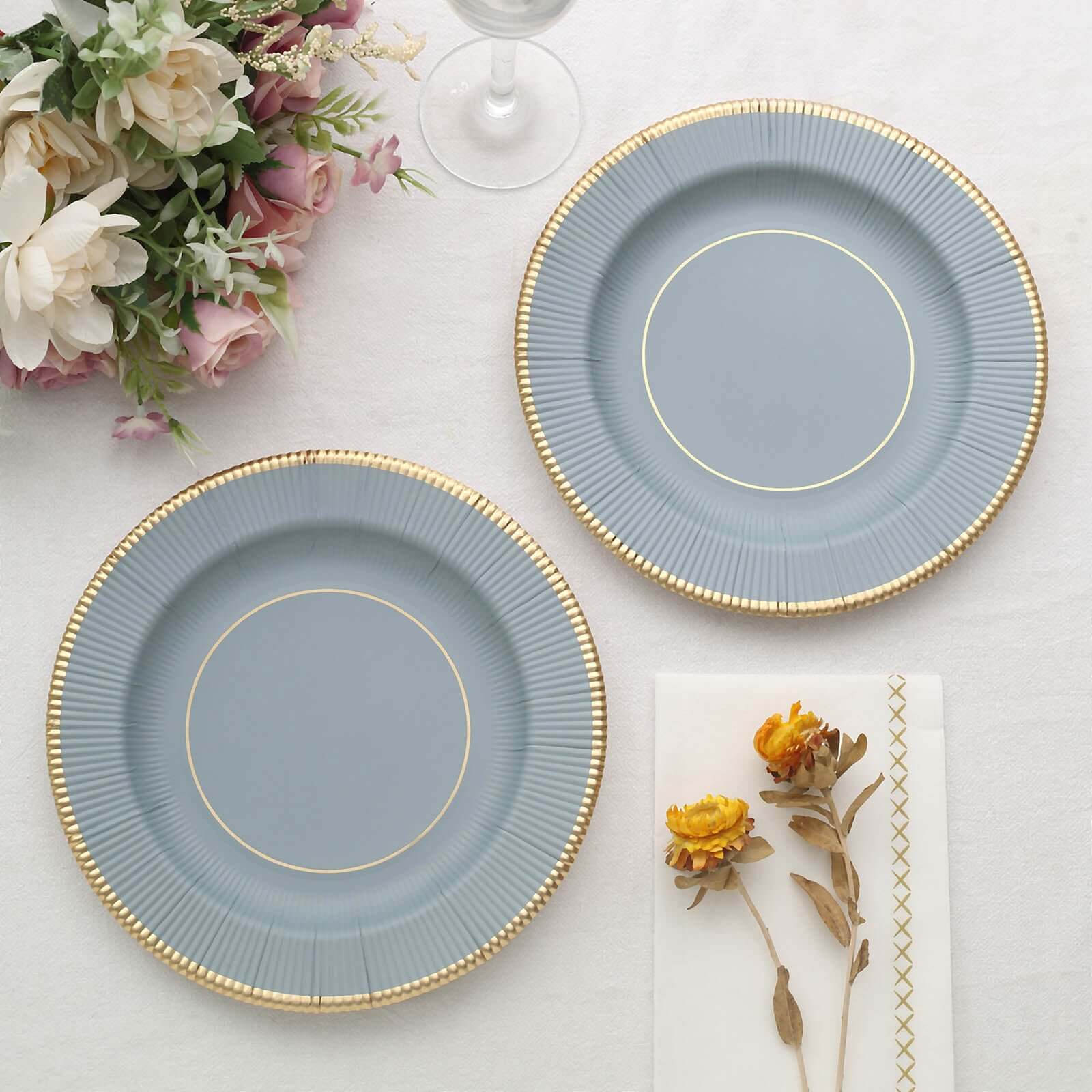25 - Pack Paper 8" Round Dessert Plates in Dusty Blue Sunray Design with Gold Rim - Disposable Heavy Duty 350GSM Appetizer Salad Plates - Bell Racket Store