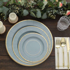 25 - Pack Paper 8" Round Dessert Plates in Dusty Blue Sunray Design with Gold Rim - Disposable Heavy Duty 350GSM Appetizer Salad Plates - Bell Racket Store