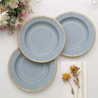 25 - Pack Paper 8" Round Dessert Plates in Dusty Blue Sunray Design with Gold Rim - Disposable Heavy Duty 350GSM Appetizer Salad Plates - Bell Racket Store