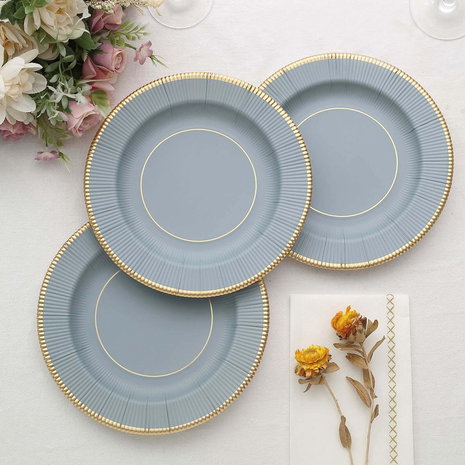 25 - Pack Paper 8" Round Dessert Plates in Dusty Blue Sunray Design with Gold Rim - Disposable Heavy Duty 350GSM Appetizer Salad Plates - Bell Racket Store