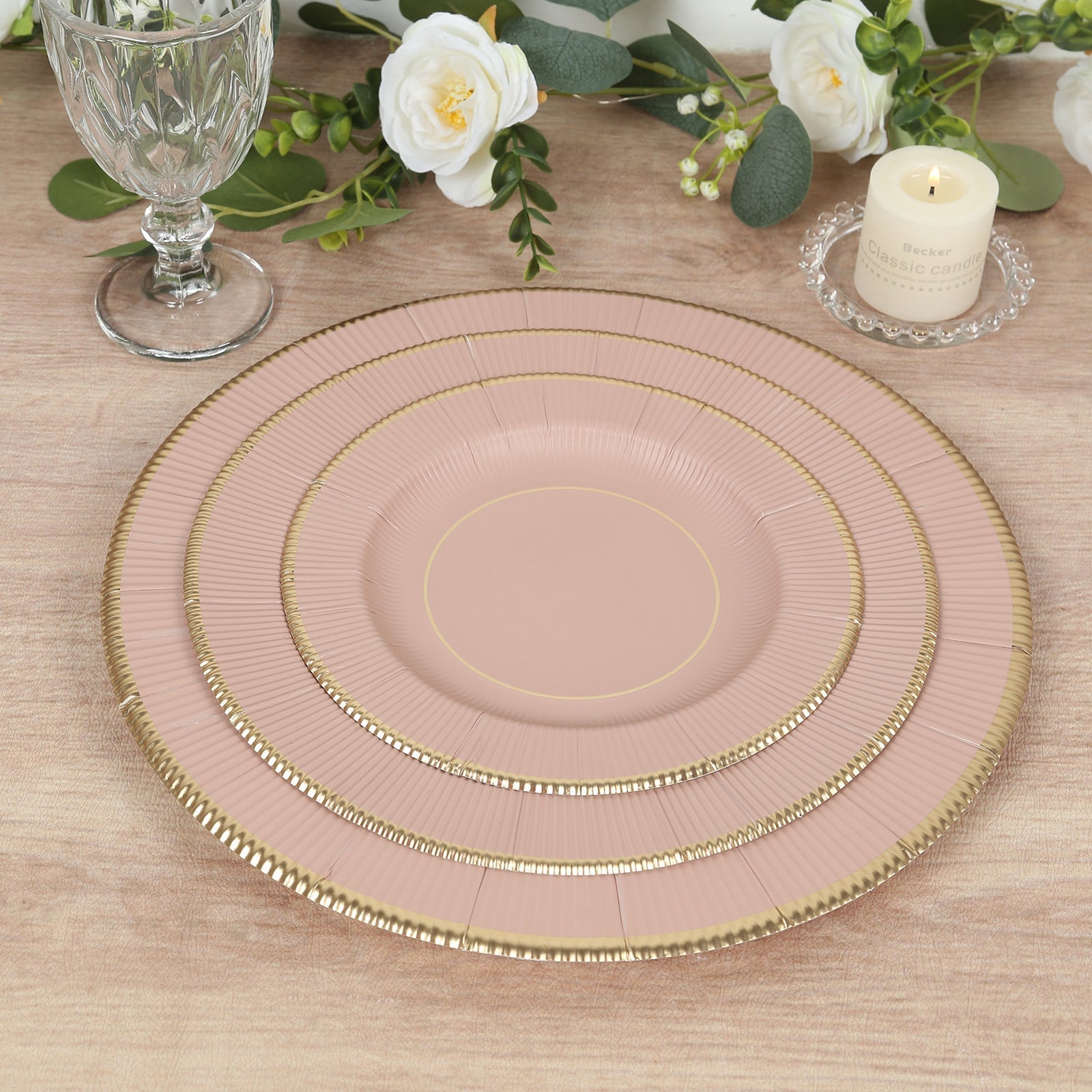 25 - Pack Paper 8" Round Dessert Plates in Dusty Rose Sunray Design with Gold Rim - Disposable Heavy Duty 350GSM Appetizer Salad Plates - Bell Racket Store