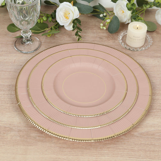 25 - Pack Paper 8" Round Dessert Plates in Dusty Rose Sunray Design with Gold Rim - Disposable Heavy Duty 350GSM Appetizer Salad Plates - Bell Racket Store