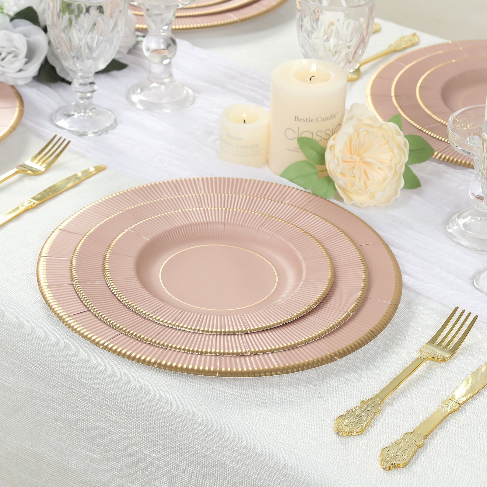 25 - Pack Paper 8" Round Dessert Plates in Dusty Rose Sunray Design with Gold Rim - Disposable Heavy Duty 350GSM Appetizer Salad Plates - Bell Racket Store