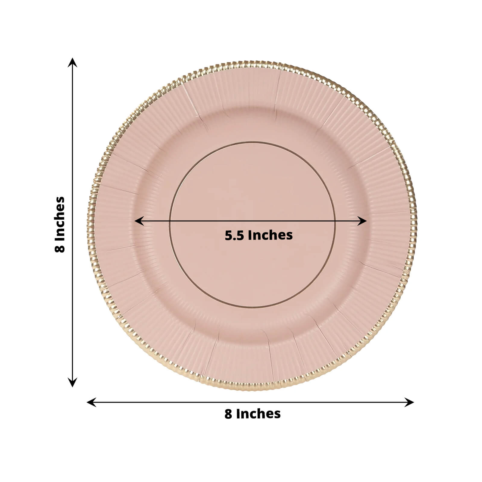 25 - Pack Paper 8" Round Dessert Plates in Dusty Rose Sunray Design with Gold Rim - Disposable Heavy Duty 350GSM Appetizer Salad Plates - Bell Racket Store