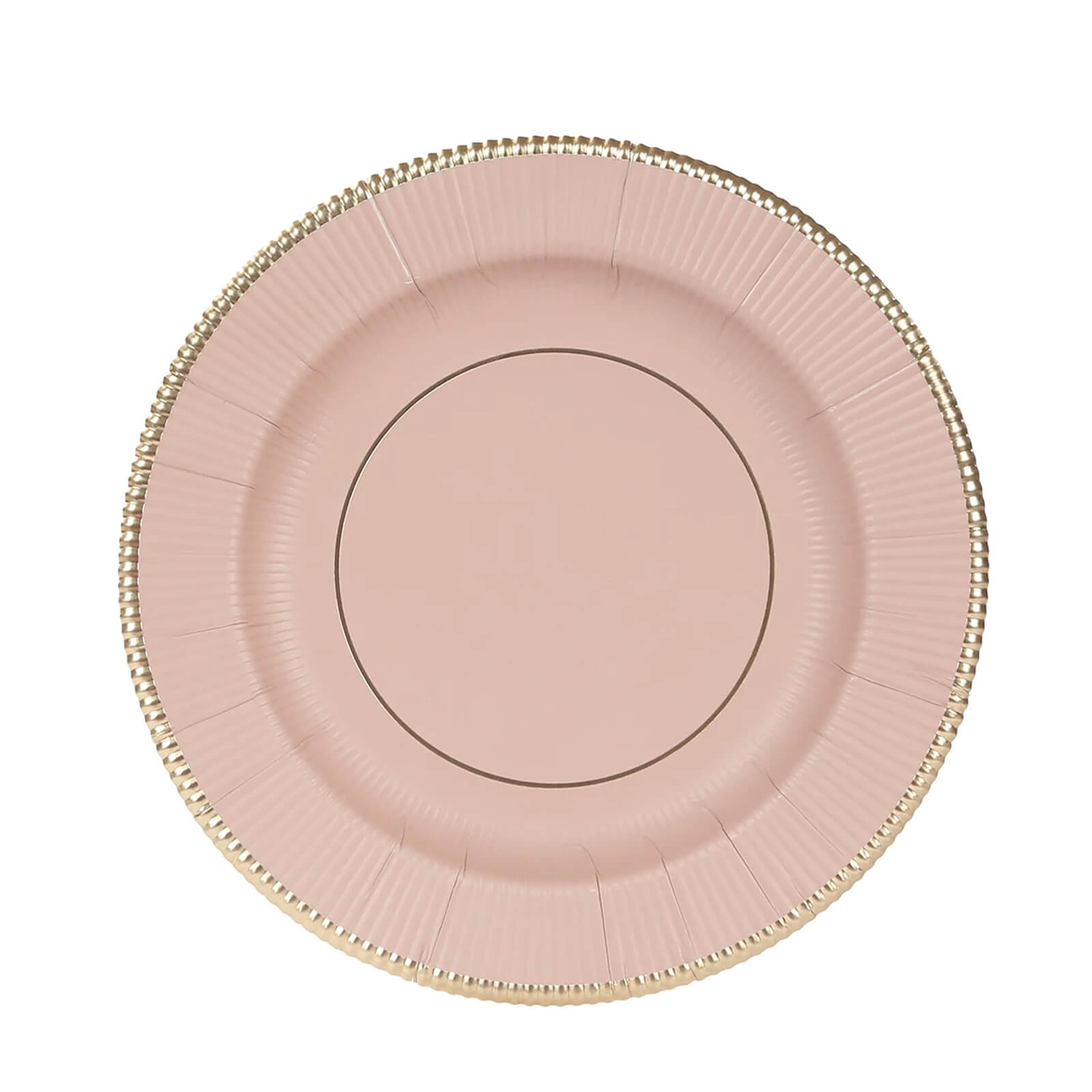 25 - Pack Paper 8" Round Dessert Plates in Dusty Rose Sunray Design with Gold Rim - Disposable Heavy Duty 350GSM Appetizer Salad Plates - Bell Racket Store