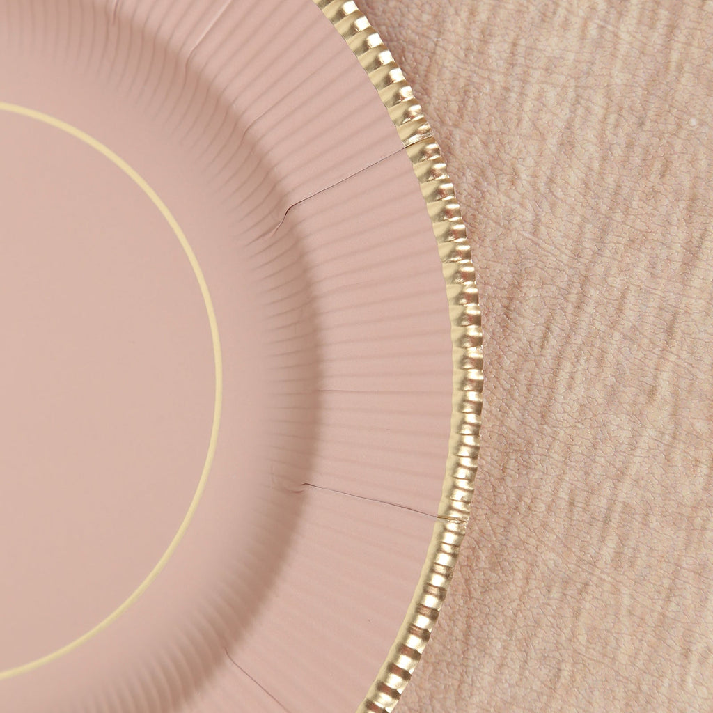 25 - Pack Paper 8" Round Dessert Plates in Dusty Rose Sunray Design with Gold Rim - Disposable Heavy Duty 350GSM Appetizer Salad Plates - Bell Racket Store
