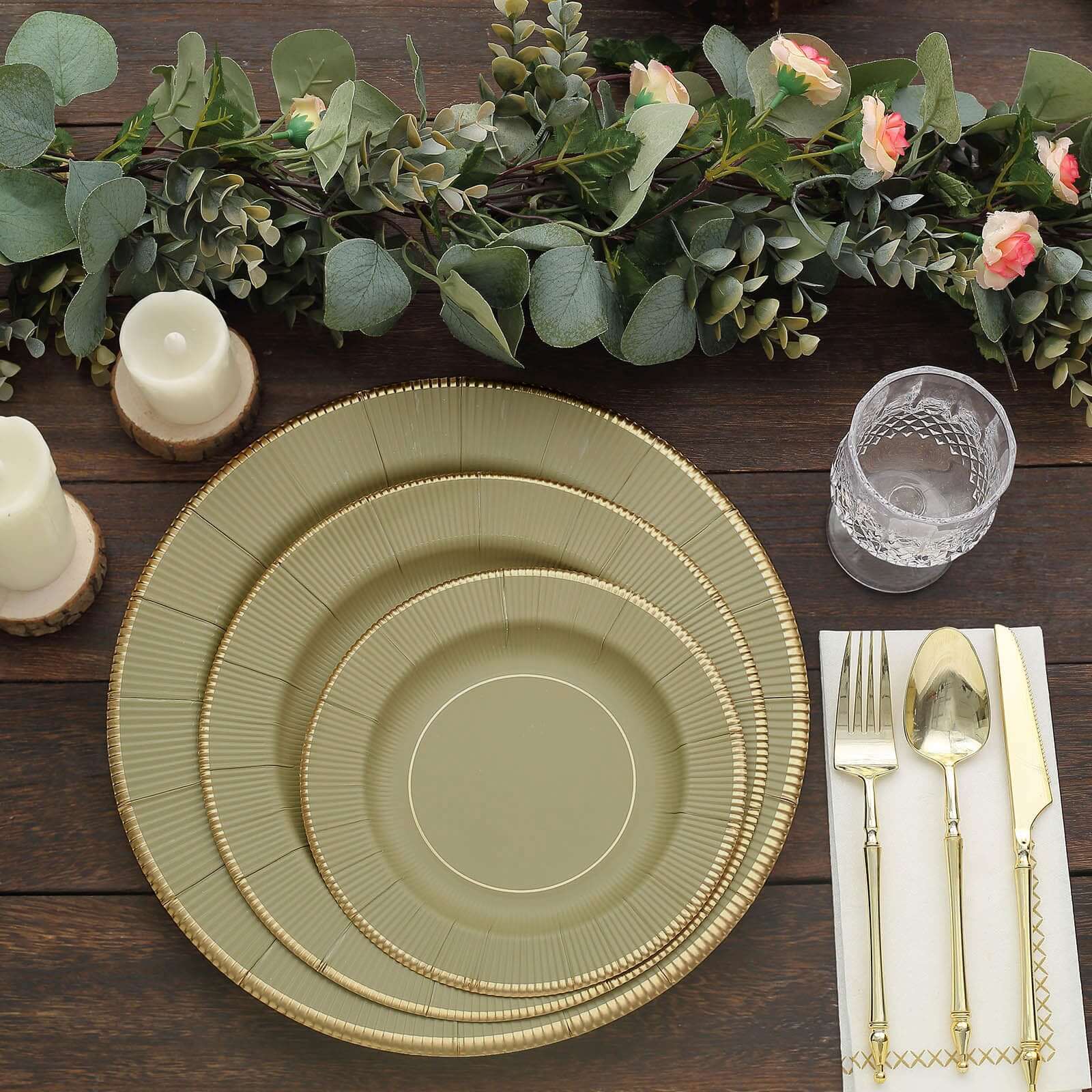 25 - Pack Paper 8" Round Dessert Plates in Khaki Sunray Design with Gold Rim - Disposable Heavy Duty 350GSM Appetizer Salad Plates - Bell Racket Store