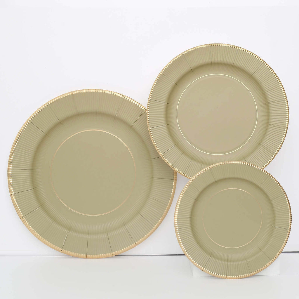 25 - Pack Paper 8" Round Dessert Plates in Khaki Sunray Design with Gold Rim - Disposable Heavy Duty 350GSM Appetizer Salad Plates - Bell Racket Store