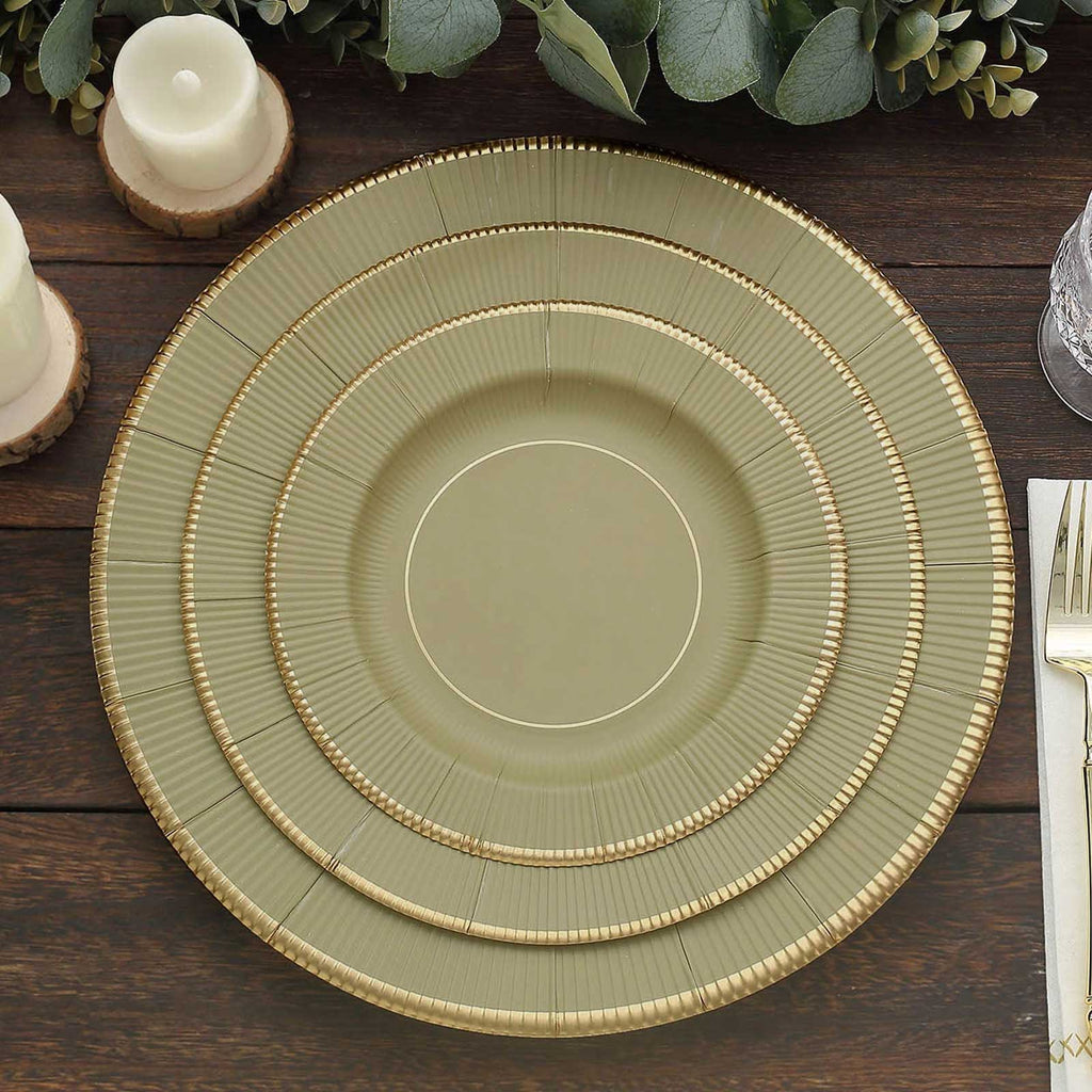 25 - Pack Paper 8" Round Dessert Plates in Khaki Sunray Design with Gold Rim - Disposable Heavy Duty 350GSM Appetizer Salad Plates - Bell Racket Store