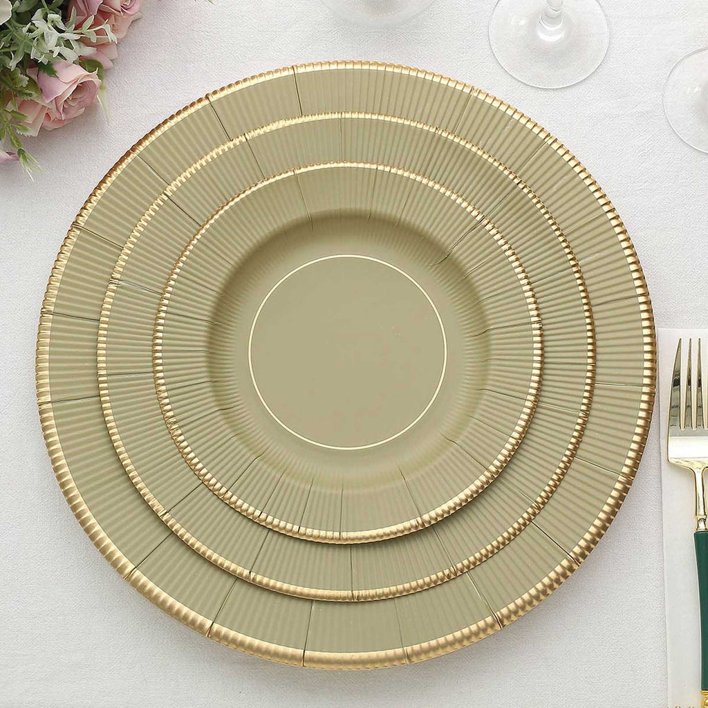 25 - Pack Paper 8" Round Dessert Plates in Khaki Sunray Design with Gold Rim - Disposable Heavy Duty 350GSM Appetizer Salad Plates - Bell Racket Store