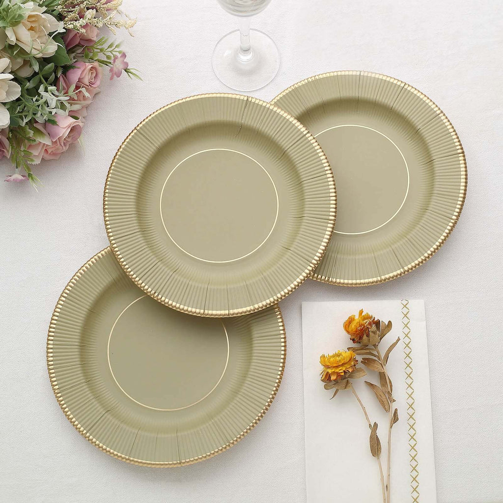 25 - Pack Paper 8" Round Dessert Plates in Khaki Sunray Design with Gold Rim - Disposable Heavy Duty 350GSM Appetizer Salad Plates - Bell Racket Store