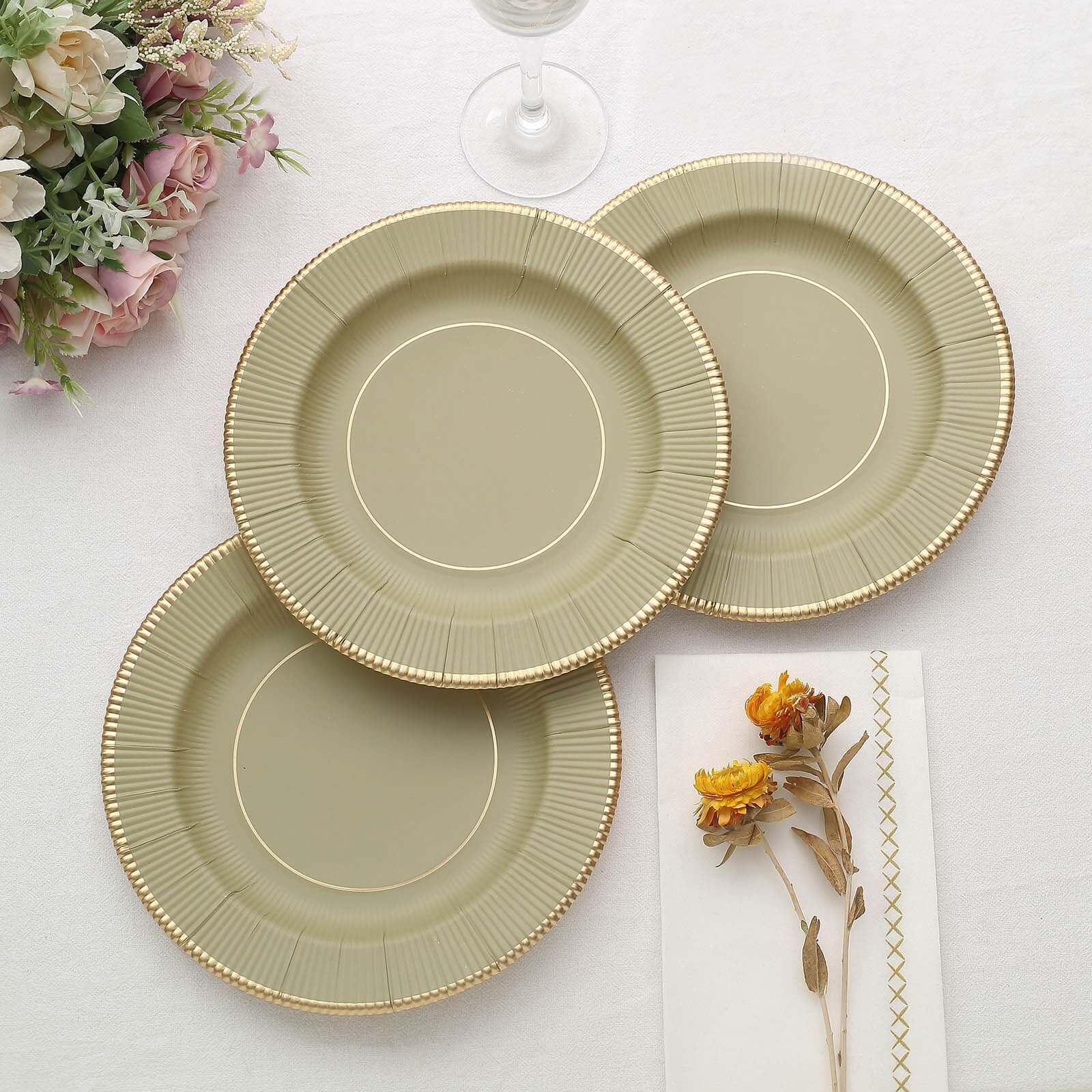 25 - Pack Paper 8" Round Dessert Plates in Khaki Sunray Design with Gold Rim - Disposable Heavy Duty 350GSM Appetizer Salad Plates - Bell Racket Store