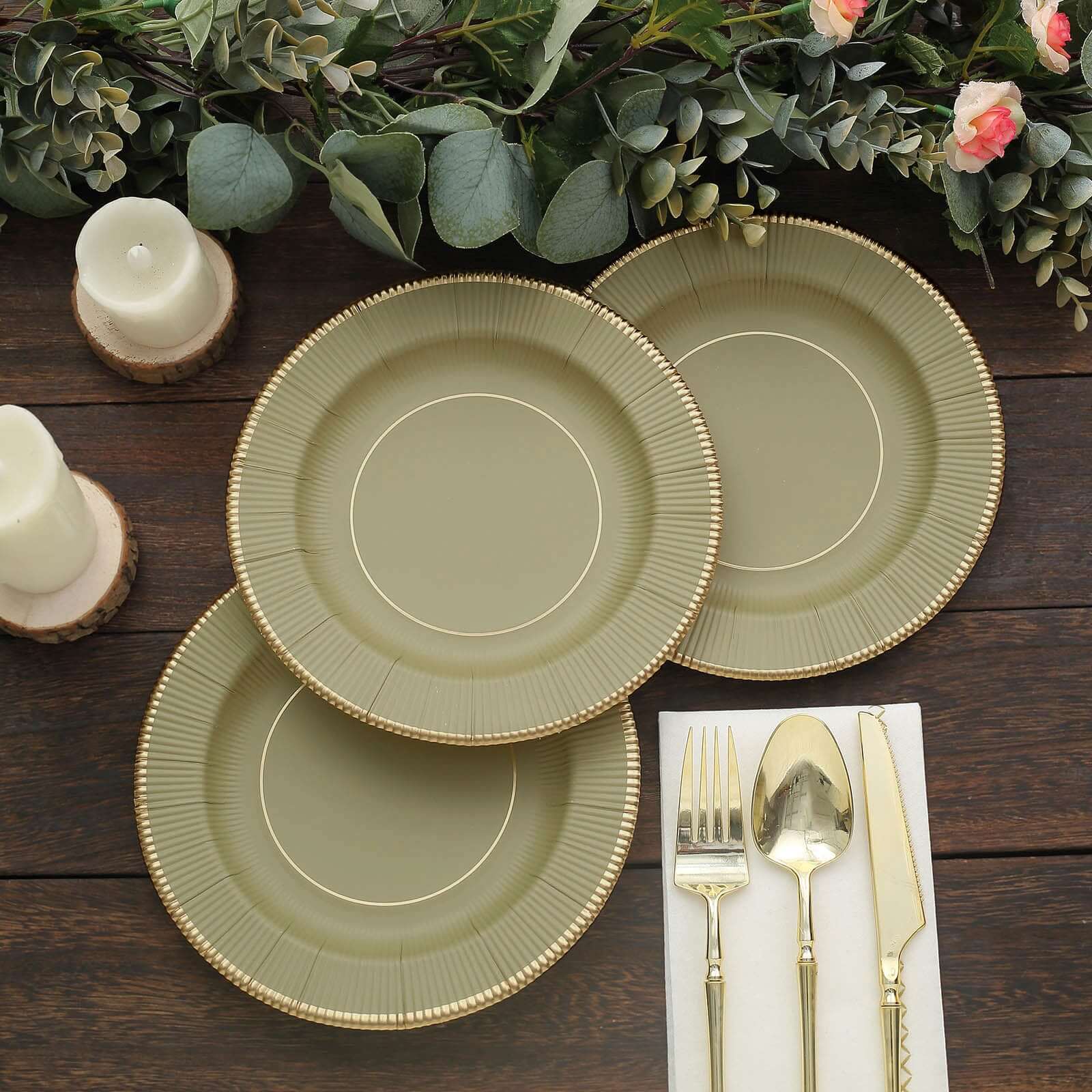 25 - Pack Paper 8" Round Dessert Plates in Khaki Sunray Design with Gold Rim - Disposable Heavy Duty 350GSM Appetizer Salad Plates - Bell Racket Store