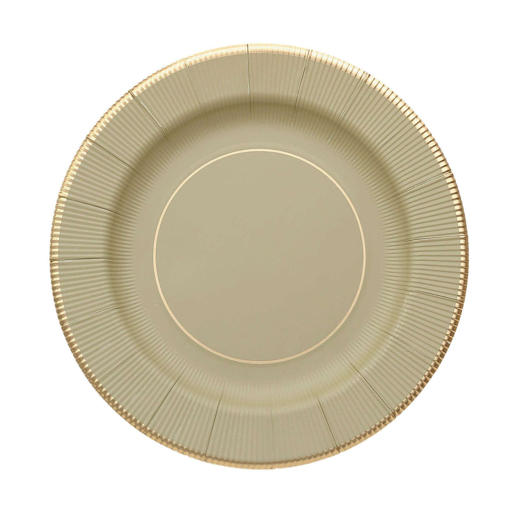 25 - Pack Paper 8" Round Dessert Plates in Khaki Sunray Design with Gold Rim - Disposable Heavy Duty 350GSM Appetizer Salad Plates - Bell Racket Store