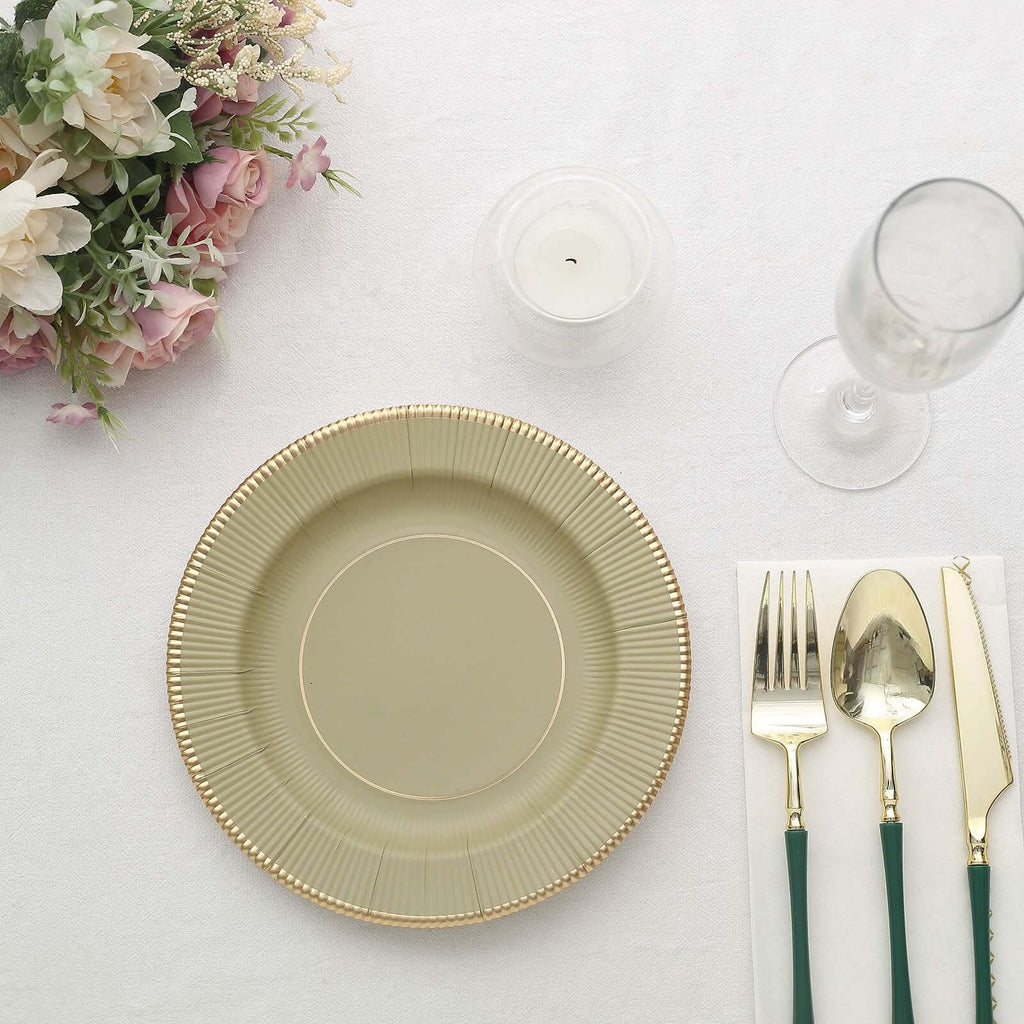 25 - Pack Paper 8" Round Dessert Plates in Khaki Sunray Design with Gold Rim - Disposable Heavy Duty 350GSM Appetizer Salad Plates - Bell Racket Store