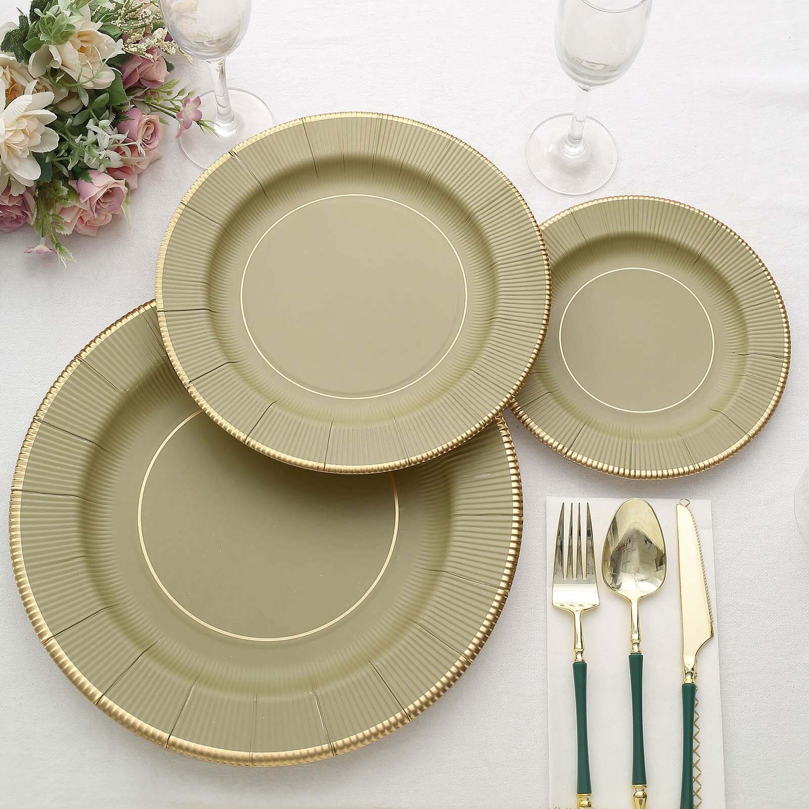 25 - Pack Paper 8" Round Dessert Plates in Khaki Sunray Design with Gold Rim - Disposable Heavy Duty 350GSM Appetizer Salad Plates - Bell Racket Store