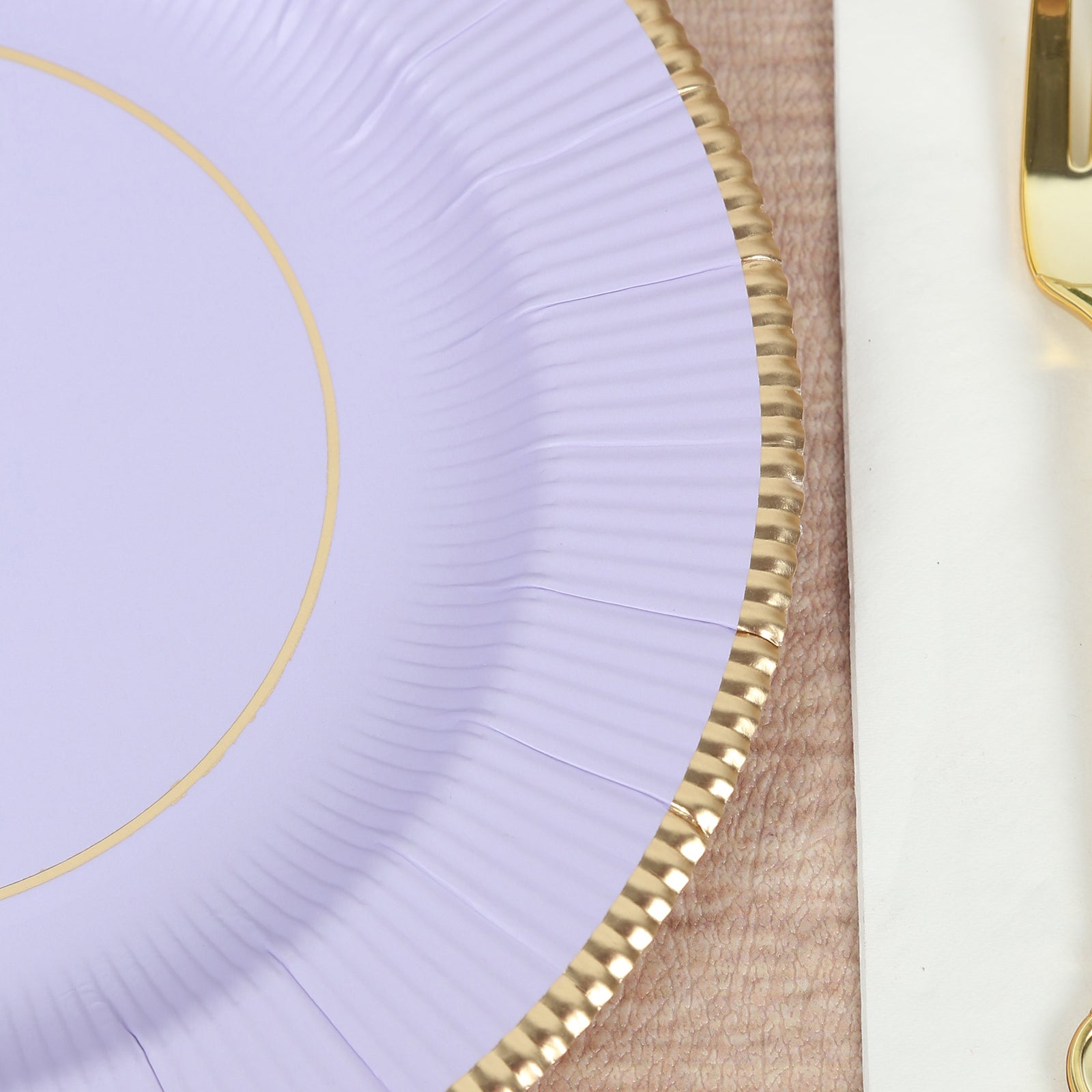 25 - Pack Paper 8" Round Dessert Plates in Lavender Lilac Sunray Design with Gold Rim - Disposable Heavy Duty 350GSM Appetizer Salad Plates - Bell Racket Store