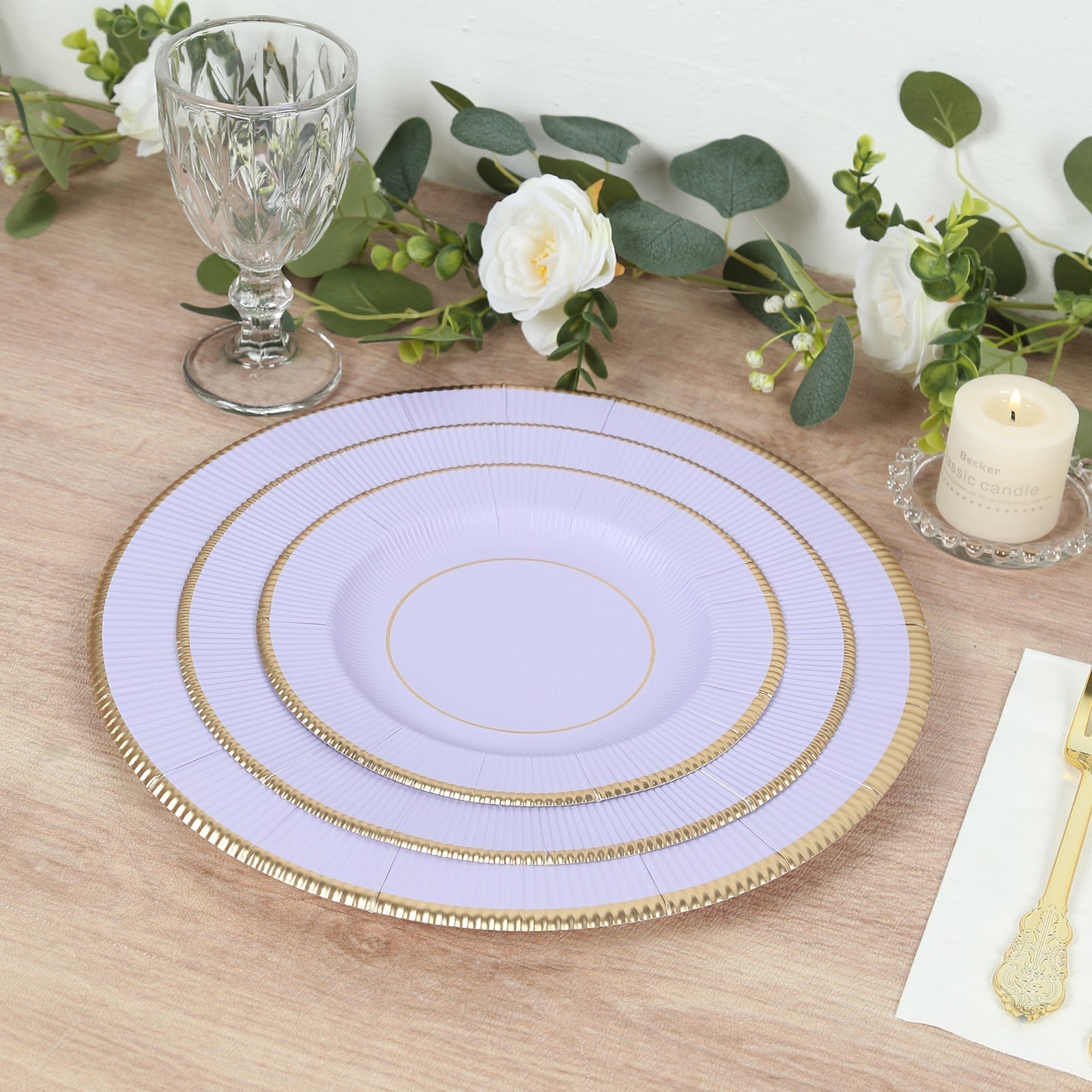 25 - Pack Paper 8" Round Dessert Plates in Lavender Lilac Sunray Design with Gold Rim - Disposable Heavy Duty 350GSM Appetizer Salad Plates - Bell Racket Store