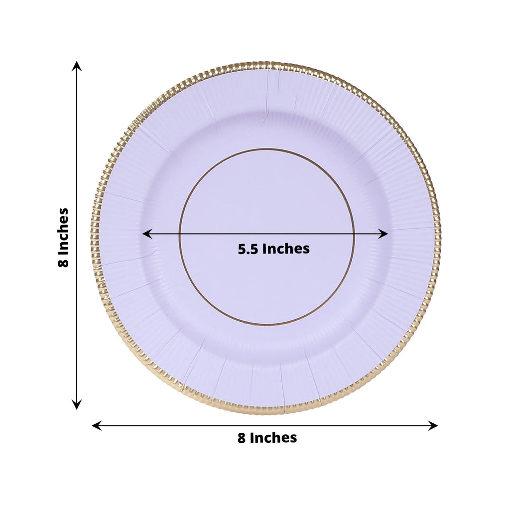 25 - Pack Paper 8" Round Dessert Plates in Lavender Lilac Sunray Design with Gold Rim - Disposable Heavy Duty 350GSM Appetizer Salad Plates - Bell Racket Store