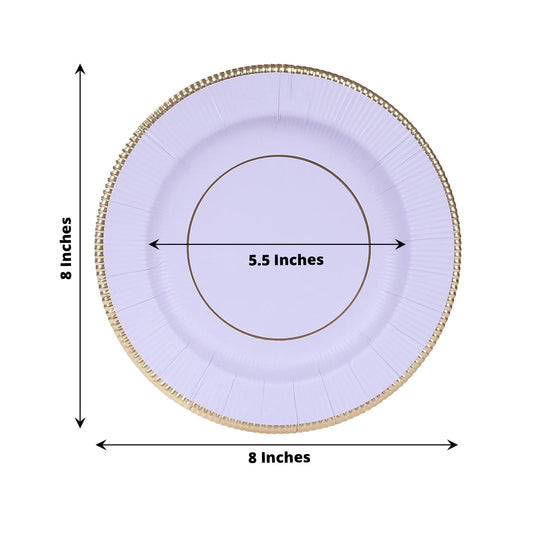 25 - Pack Paper 8" Round Dessert Plates in Lavender Lilac Sunray Design with Gold Rim - Disposable Heavy Duty 350GSM Appetizer Salad Plates - Bell Racket Store