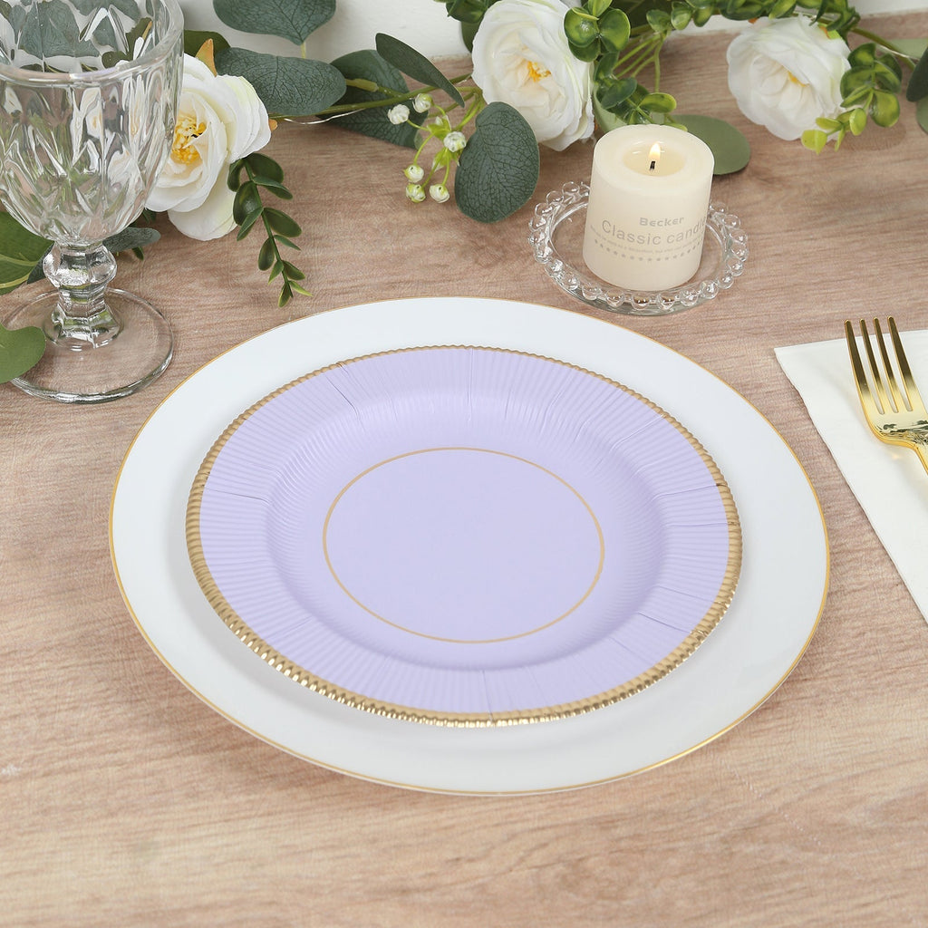 25 - Pack Paper 8" Round Dessert Plates in Lavender Lilac Sunray Design with Gold Rim - Disposable Heavy Duty 350GSM Appetizer Salad Plates - Bell Racket Store