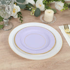 25 - Pack Paper 8" Round Dessert Plates in Lavender Lilac Sunray Design with Gold Rim - Disposable Heavy Duty 350GSM Appetizer Salad Plates - Bell Racket Store