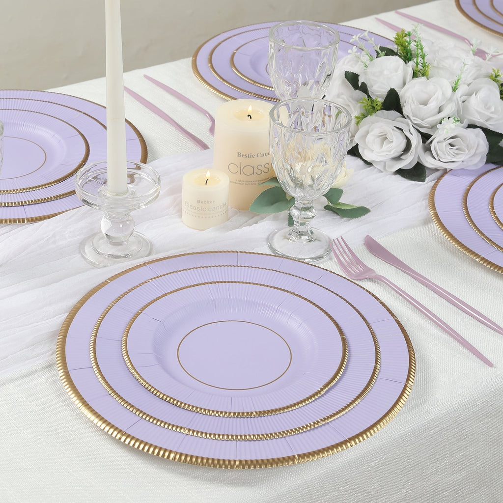 25 - Pack Paper 8" Round Dessert Plates in Lavender Lilac Sunray Design with Gold Rim - Disposable Heavy Duty 350GSM Appetizer Salad Plates - Bell Racket Store
