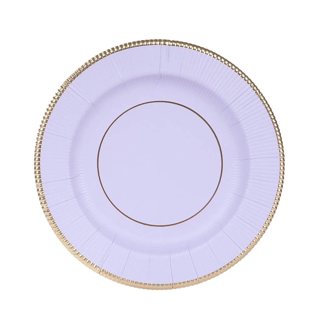 25 - Pack Paper 8" Round Dessert Plates in Lavender Lilac Sunray Design with Gold Rim - Disposable Heavy Duty 350GSM Appetizer Salad Plates - Bell Racket Store