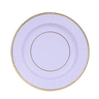 25 - Pack Paper 8" Round Dessert Plates in Lavender Lilac Sunray Design with Gold Rim - Disposable Heavy Duty 350GSM Appetizer Salad Plates - Bell Racket Store